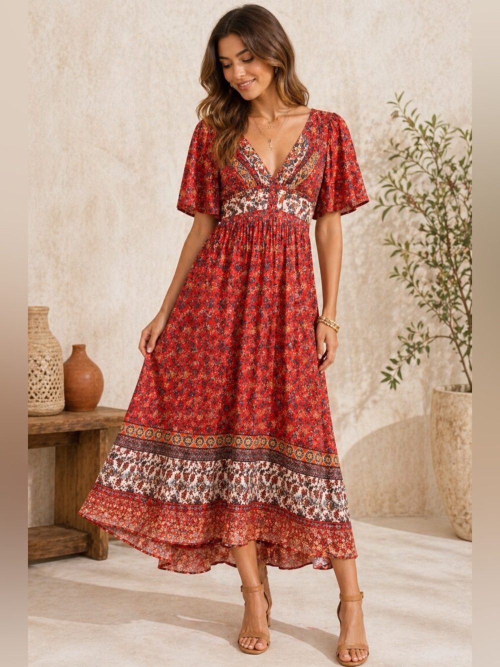 Angie Patchwork Maxi Dress with Flutter Sleeves Prairie Boho Earthy Sz Medium